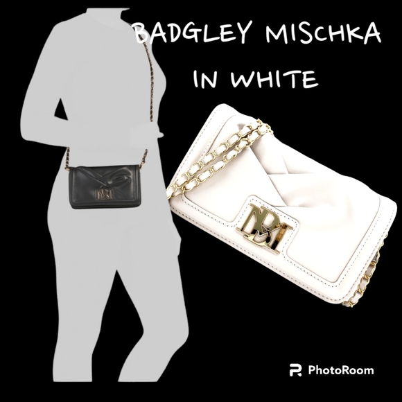 BADGLEY MISCHKA Small Square Crossbody, Folded Style, Big Logo, White, NWT - Picture 3 of 14